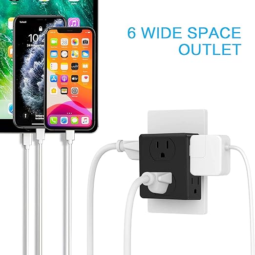 Outlet Extender, HICITY Multi Plug Outlet with 6 Electrical Outlets Adapter, 3-Prong Wall Outlet Tap for Cruise Ship Home Office Dorm, Black (2 Pack)