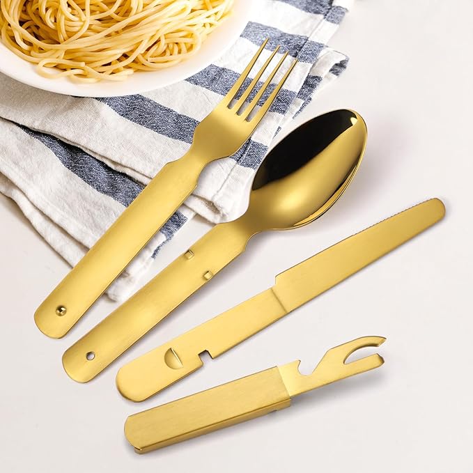 Picnic Silverware Gold Camping Cutlery Fork Knife Spoon Bottle Opener 4 Pieces Flatware Utensil Kit Foldable for Outdoor Kitchen Daily Use Easy To Clean
