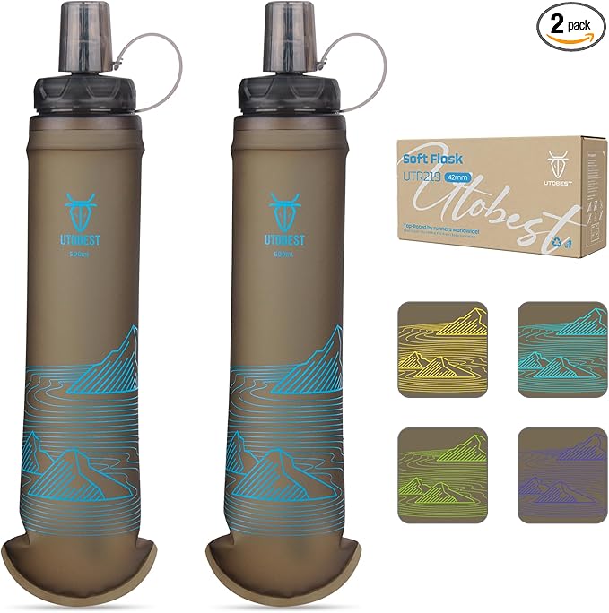 UTOBEST 500ml Soft Flask, 2 Pack Flexible TPU Hydration Water Bottle, Collapsible with 42mm Caliber for Running, Hiking, Cycling, Climbing, and Marathon Blue