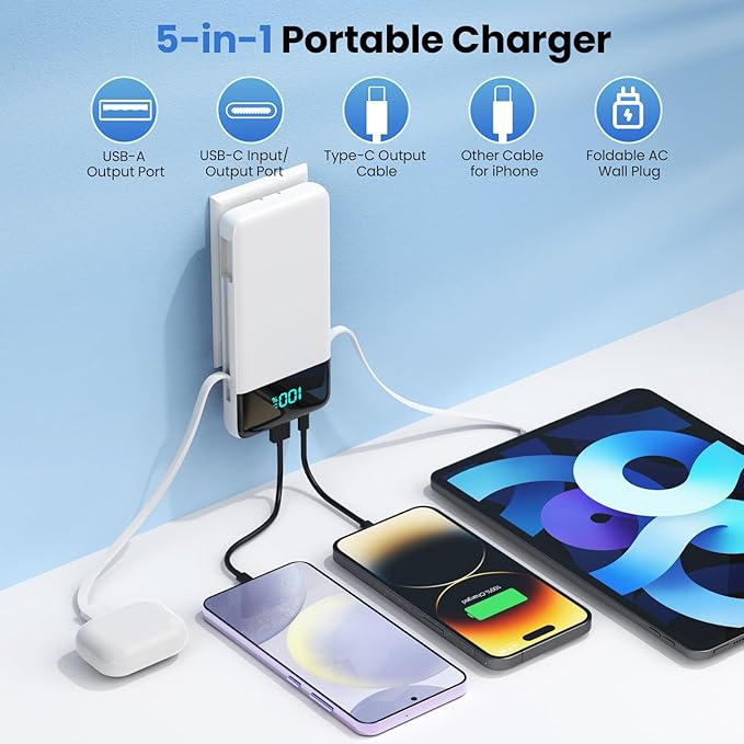 YHO Portable Charger 13800mAh for iPhone with Built-in Cables & AC Wall Plug,5-in-1 USB-C Power Bank,LCD Display External Battery Pack Phone Charger Compatible with iPhone 16/15/14,Android (White)