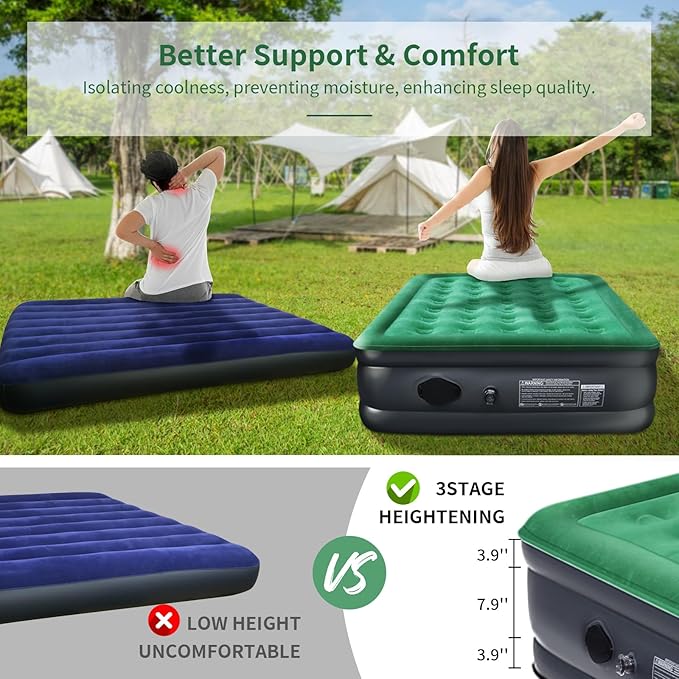 AYAMAYA Queen Camping Air Mattress with Built-In & Detachable Electric Pump -Portable 16 Inch Luxury Double High Inflatable Airbed,Self Inflating Air Mattress,No Power Outlet Needed for Camping & Home