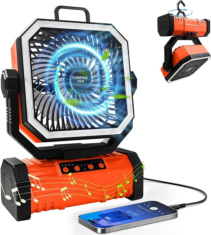 Camping Fan with Bluetooth Speaker Portable Fan,20000mAh Rechargeable Battery Powered Fans, 360° Hanging Hook for Outdoor Picnic Tent Beach Travel Barbecue, Orange