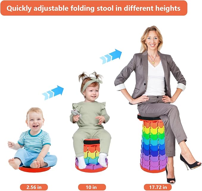 Portable Collapsible Stool, Adjustable Height Folding Seat for Adults and Kids, Lightweight Retractable Telescoping Stool for Camping, Travel, Fishing, Outdoor & Indoor Use (Rainbow Orange)