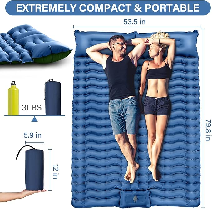 Camping Sleeping Pad, Ultralight Camping Mat with Pillow, Built-in Foot Pump Inflatable Sleeping Pads Compact for Camping Backpacking Hiking Traveling Tent,Double, Blue.