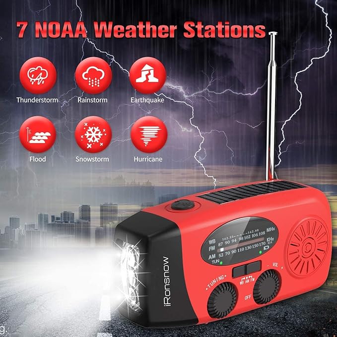 Solar Emergency Hand Crank Weather Radio, Portable Self Powered NOAA AM/FM Radios with SOS Alarm LED Flashlight 2000mAh Smart Phone USB Charger for Camping (Red)