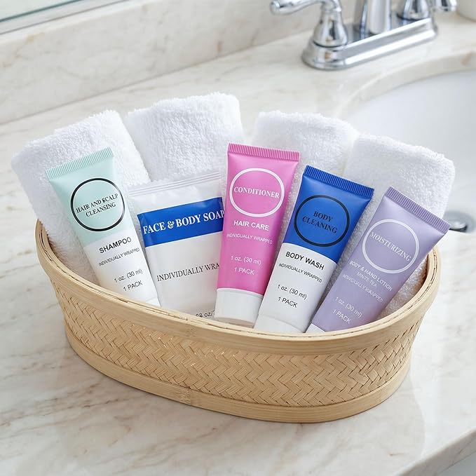 Toiletries Individually Wrapped Set Bulk, Travel Size 1 Fl oz Mini Body Wash Body Lotion Shampoo Conditioner 0.88 oz Bars Soap Toiletry Kit Guest Amenities for Hotel/Shelter/Homeless (Pack of 50)