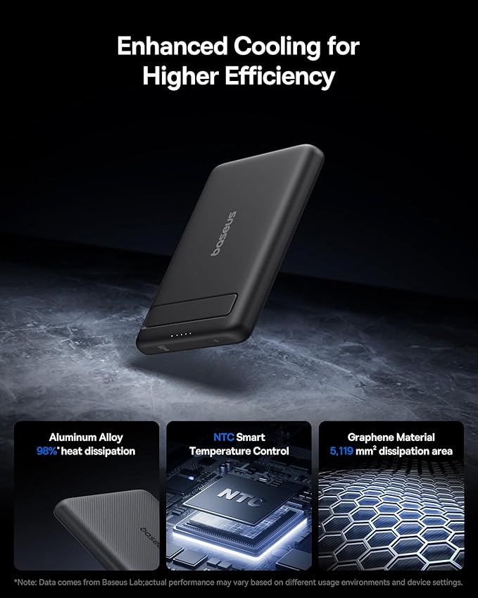 Baseus Picogo Power Bank, Smallest Qi2 Certified 15W MagSafe Portable Charger, 0.5" Ultra Slim 5000mAh Magnetic Battery Pack with Stand, Alloy Wireless Charger for iPhone 17 Pro Max/17 Air/16 Series