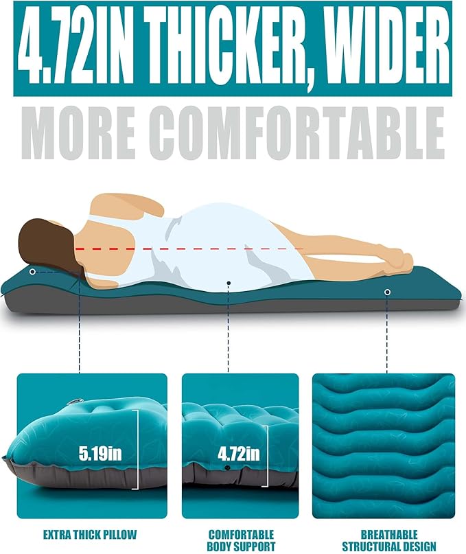 AKSOUL Sleeping Pad Ultra-Thick - Inflatable Sleep Mat, Lightweight & Compact 4.72 in Air Mattress with Pillow, Self-Inflating with Built-in Foot Pump for Traveling, Hiking, Camping (Blue)