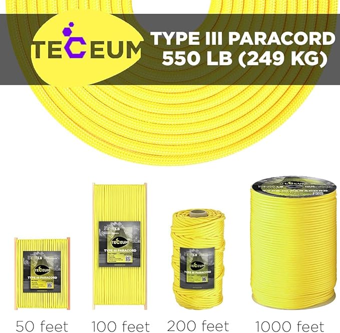 TECEUM 5/32" Paracord Rope 1000 – 1000ft / 200ft / 100ft / 50ft – Tactical Parachute Cord 4mm – 45+ Colors – Nylon String for Survival & Camping Gear – Stripe Cord for Survival – Utility Rope