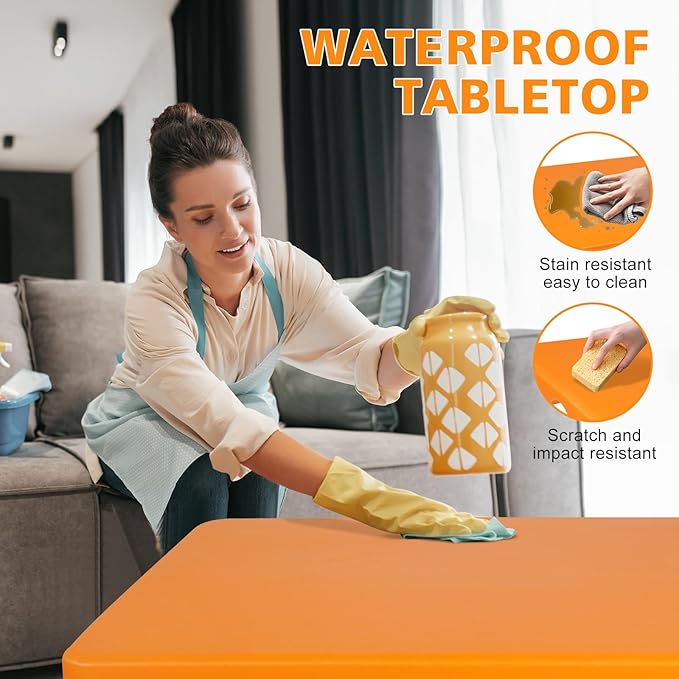 4 FT Folding Table with Carry Handle, Portable Fold-in-Half Plastic Table, Rectangle Foldable Table for Indoor/Outdoor Orange