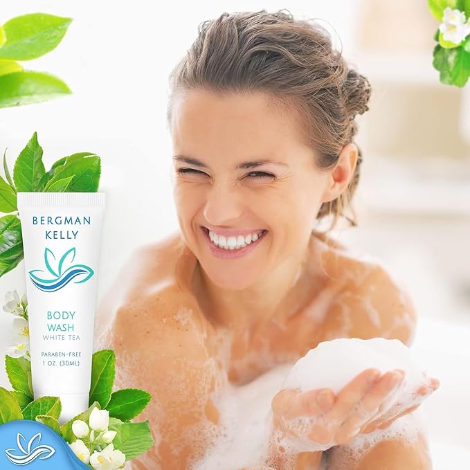 Bergman Kelly - Hotel Toiletries Bundle - White Tea, 1 oz each, 125 Pieces - 5-Piece Set: 25 each Round Bar Soap, Shampoo, Conditioner, Body Lotion & Body Wash - Bulk Mini Guest Amenities