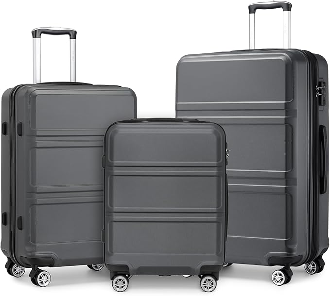 Kono 3 Piece Luggage Sets Expandable(only 28") Lightweight with Spinner Wheels TSA Lock Hardside Travel Rolling Suitcases 20in 24in 28in Carry on Grey