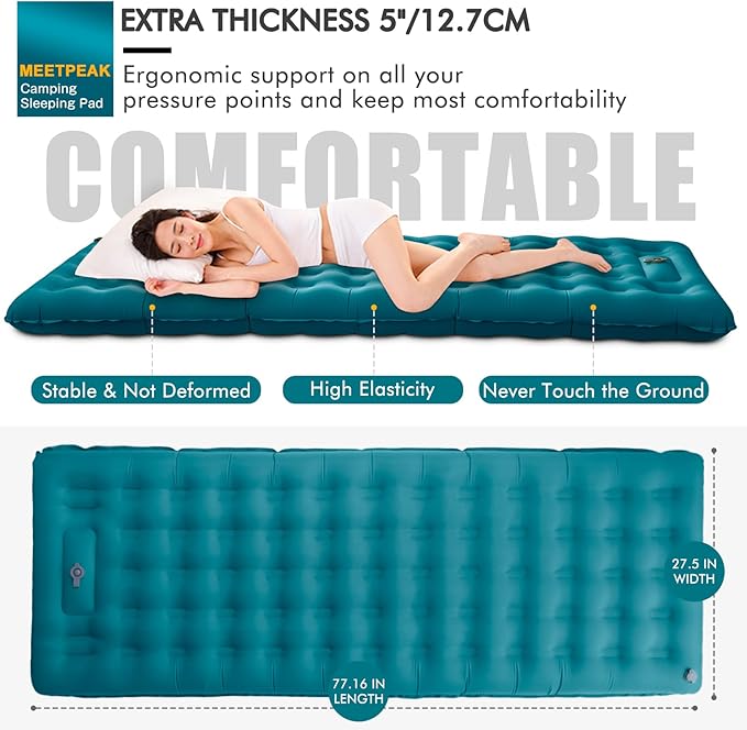 MEETPEAK Extra Thick 5 inch Inflatable Sleeping Pad for Camping, Ultralight Compact Sleeping Mat Built-in Foot Pump for Hiking Backpacking Traveling, Portable Camping Air Mattress