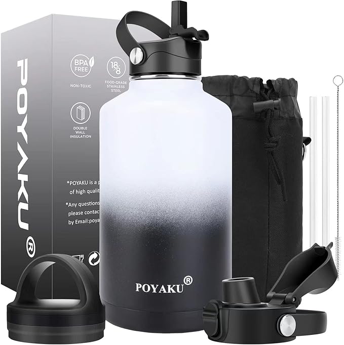 Water Bottle Insulated 32oz 40oz 64oz 128oz Straw Lid Spout Lid & 3 Lids, Leak Proof, Vacuum Insulated,Stainless Steel Water Bottle Wide Mouth for Sports, Gym or Office