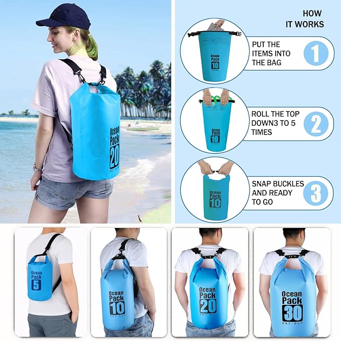 Dry Bag Waterproof Backpack 5L/10L/20L/30L Roll Top Waterproof Bag,Floating Dry bags for Kayaking,Swimming,Boating,Camping,Beach.