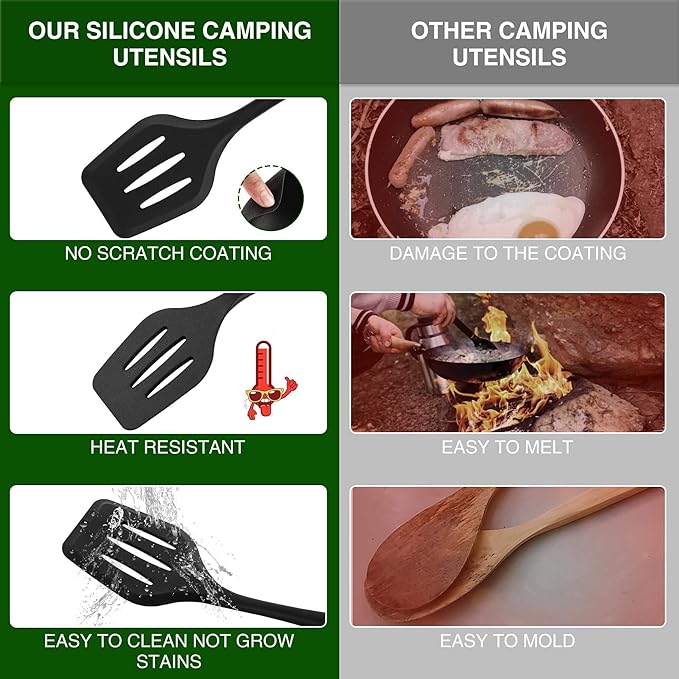 Camping Cooking Essentials Utensils Set - Camp Cookware Kitchen Accessories Kit, Camper Gear Must Haves, Stainless Steel & Silicone, RV Car Portable Outdoor Equipment Tool