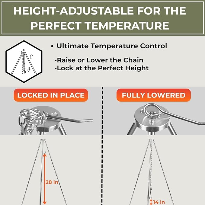 Tactiko Survival Campfire Cooking Tripod – 33" Stainless Steel Folding Stand with Adjustable Chain – Compact & Lightweight Outdoor Gear for Hanging Kettles, Pots & Percolators – Carry Bag Included