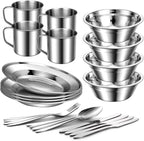 Odoland 29pcs Stainless Steel Utensils Camping Tableware Kit with Bowls Plates Cups Forks Spoons and Knives for 4, Cutlery Flatware Set for Backpacking, Outdoor Camping Hiking and Picnic