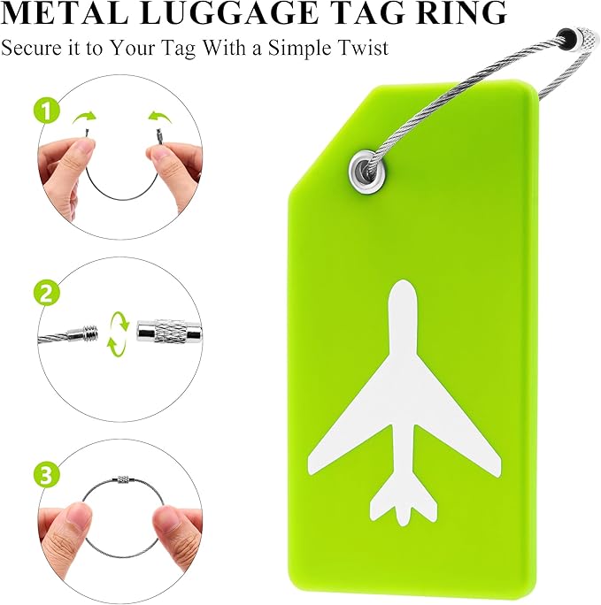 8 Pack Silicone Luggage Tag for Suitcases with Stainless Loop, TSA Approved, Privacy Protection Travel Essentials Bag Tags by Gostwo, Green