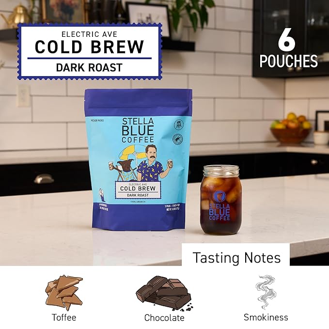 Stella Blue Cold Brew Coffee Packets, Electric Avenue Blend, Dark Roast Ground Coffee, Toffee, Dark Chocolate, and Subtle Smokey Notes, 100% Arabica, 6 Brew Packets, Makes 24 Bold Cups