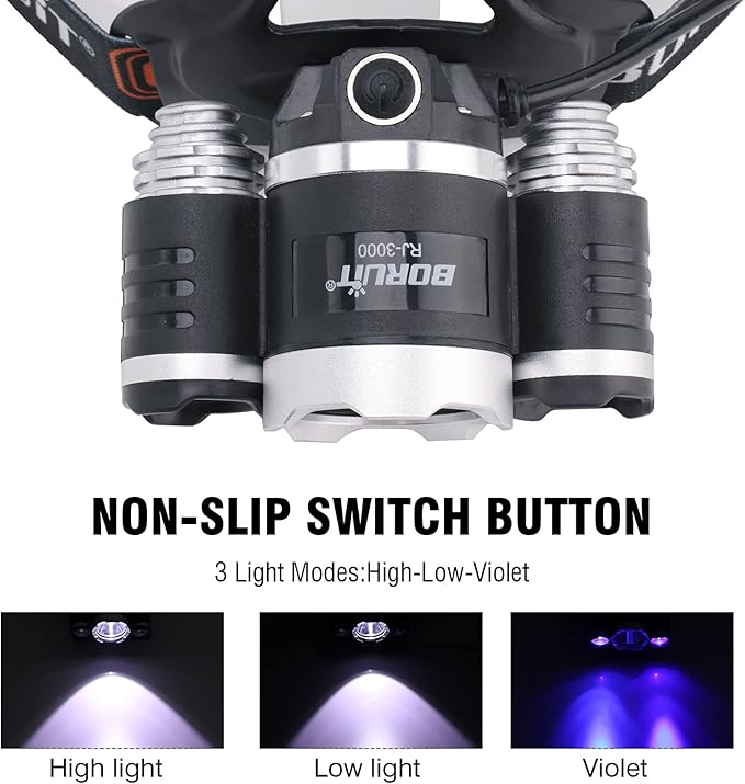 BORUIT RJ-3000 Rechargeabe LED Headlamp Super Bright with Black Light, 3 Modes Super Bright USB Head Lamp IPX4 Waterproof Headlight for Adults USB Outdoor Fishing Camping