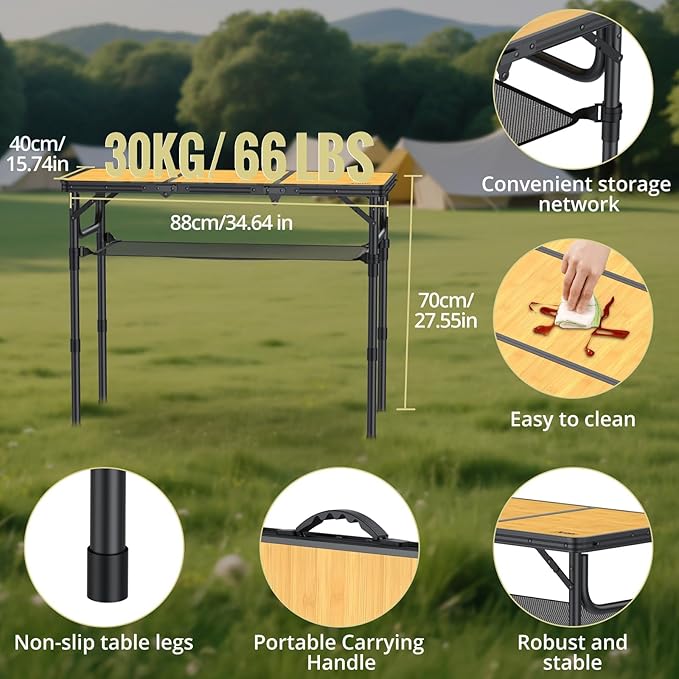 3ft Camping Table Foldable with Storage Net and Bag, 3 Adjustable Heights High 27.5" Aluminum Camping Table, Portable, for Outdoor Indoor Backyard BBQ Cooking Party Picnic Beach, Yellow
