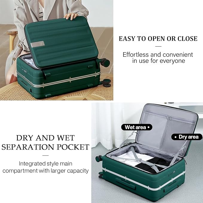 Hanke 20 Inch Carry On Luggage Aluminum Frame Front Opening Rolling Suitcase PC Hard Sided Luggage with Spinner Wheels Travel Luggage for Woman Men Gifts.(Dark Green)