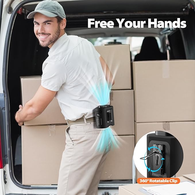 Portable Waist Fan - 14500mAh Rechargeable Battery, 67Hrs Cooling Belt Fan, 5 Powerful Speed & 360° Rotatable, Hands Free Clip On Waist With LED Light for Work Gift Camping Travel Outdoor