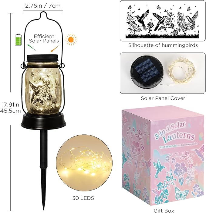 Hummingbird Solar Lantern Outdoor Garden Decor, Gifts for Women Mom Gradma Birthday Gifts, Hanging Solar Light Lawn Ornaments Home Decoration Outside for Yard, Patio,Backyard,Porch, Pathway Torch