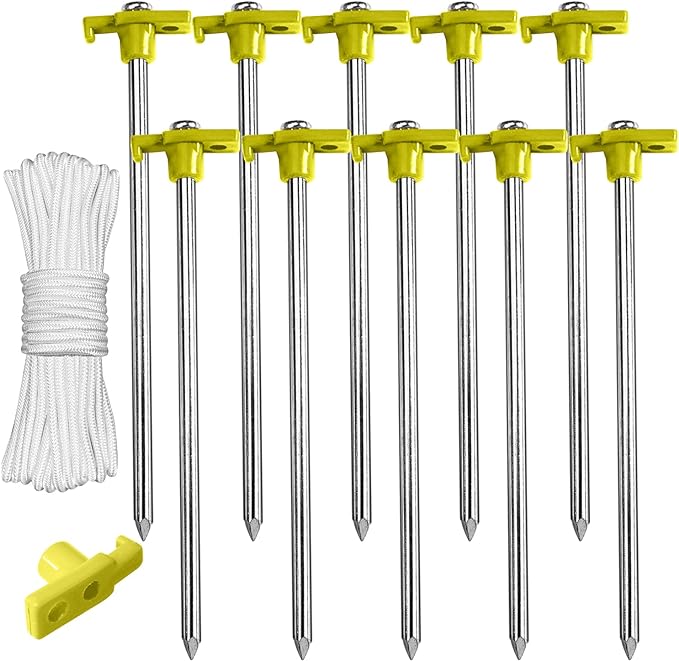 ABCCANOPY 8 Inch Tent Stakes 10 Pcs Non-Rust Metal Ground Anchors, Heavy Duty Spikes with 4 Ropes for Outdoor Camping, Yellow