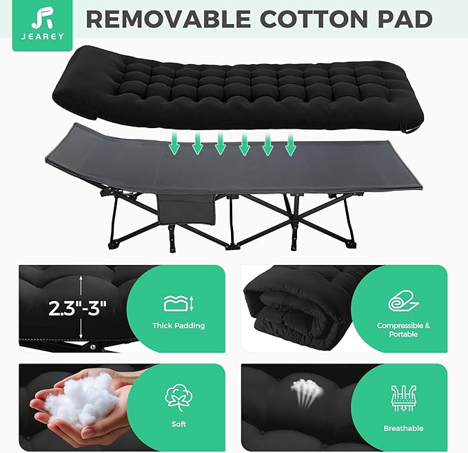 JEAREY Camping Cot for Sleeping 28" Extra Wide, Heavy-Duty 1200D Oxford Foliding Cots for Adults Portable with Mattress, Carry Bag for Guest, Travel, Hiking, Black