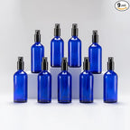 YIZHAO Blue Glass Spray Bottles 4oz, with Small Fine Mist Spray, Metal Cap, Refillable for Essential Oil,Travel,Cleaning,Perfume,Aromatherapy,Makeup – 9 Pcs