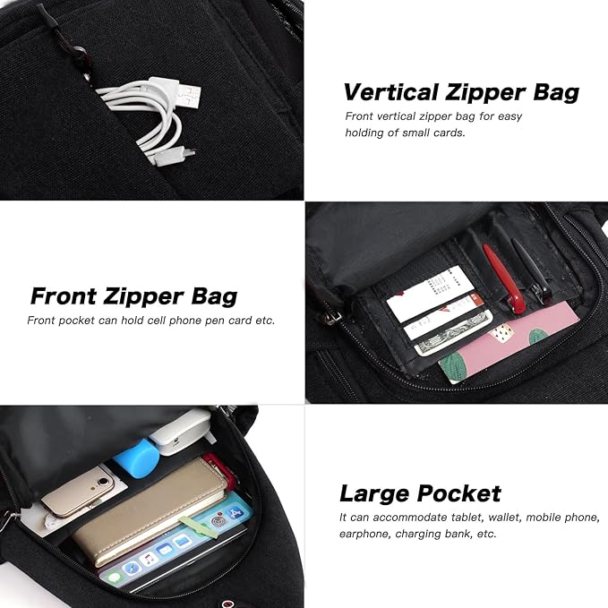 MOSISO Sling Backpack,Canvas Crossbody Hiking Daypack Bag with Anti-theft Pocket, Black