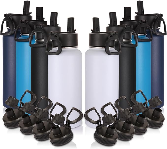 Volhoply 32 oz Insulated Water Bottles Bulk 8 Pack with Straw Lid & Spout Lid,Stainless Steel Sports Water Bottle,Double Wall Vacuum Cups,Leakproof Wide Mouth Metal Flask for Hiking,Camping(Mix,8)