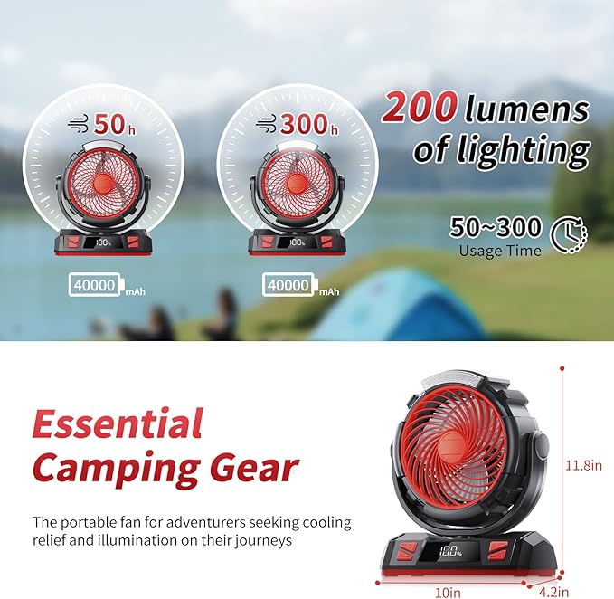 Camping LED Fan with Light, 40000mAh Rechargeable Battery Powered Outdoor Tent Fan with Light and Hook, 6 Speed, Personal USB Desk Fan for Camping, Fishing, Power Outage,Hurricane, Worksite