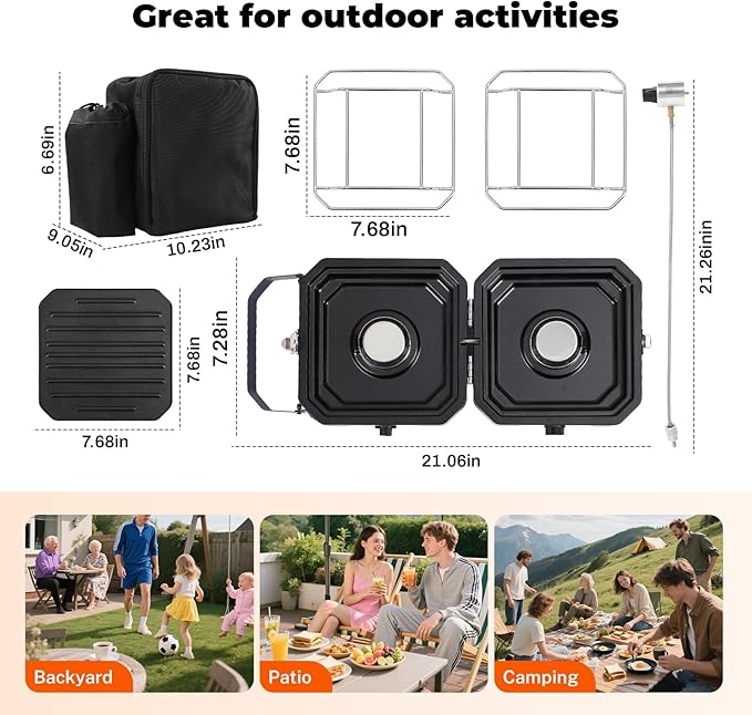 Adjustable 2-Burner Portable Stove with 16000 BTU, with Camping Grill and Carrying Bag, Portable Propane Camp Stove with 2 Burners & Piezo Ignition for Camping, Backyard BBQ,Tailgating (Orange)