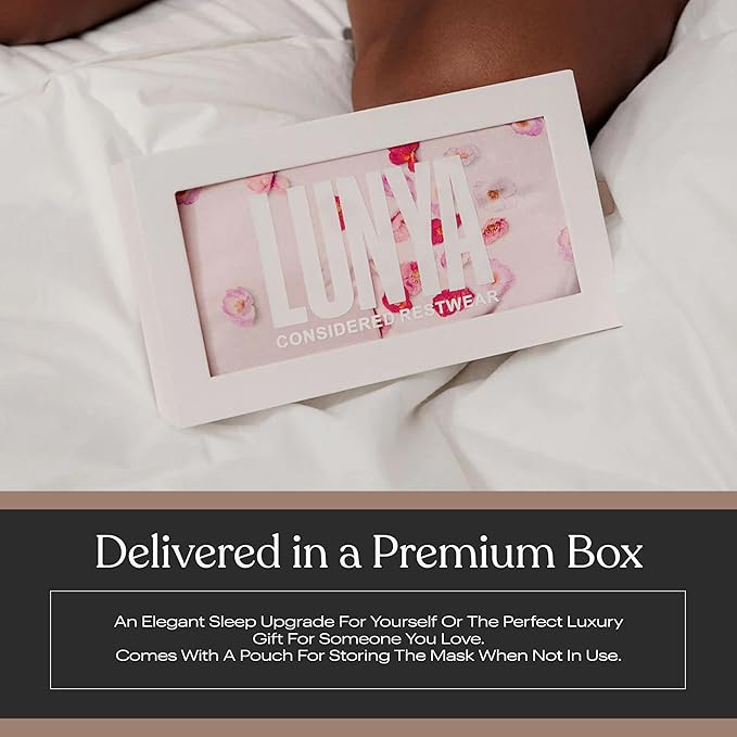 Lunya Washable Silk Sleeping Mask – Thermoregulating Mulberry Silk, Light Blocking and Comfortable Fit – Sleep Mask for Women and Men with Box – California Poppy – Small