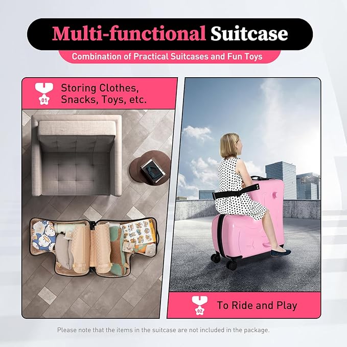20" Ride-On Travel Suitcase for Kids, Toddler Carry on Luggage with Wheels, Children Travel Rolling Trolly Luggage with Password Lock, Children's Ride On (Pink)