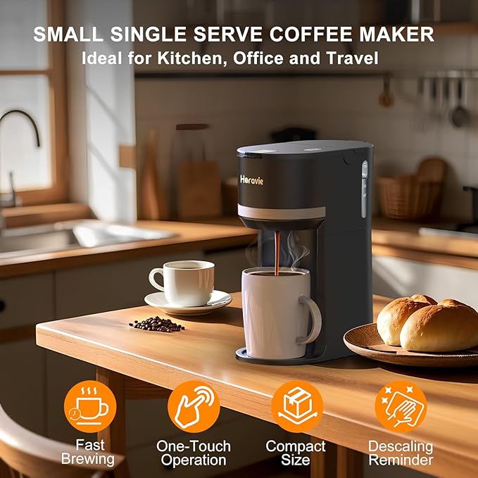 Small Single Serve Coffee Maker for K Cup and Grounds, Fast Brew One Cup Coffee Machine with 12 Oz Reservoir, Compact Size for Home Office RV and Travel, Black