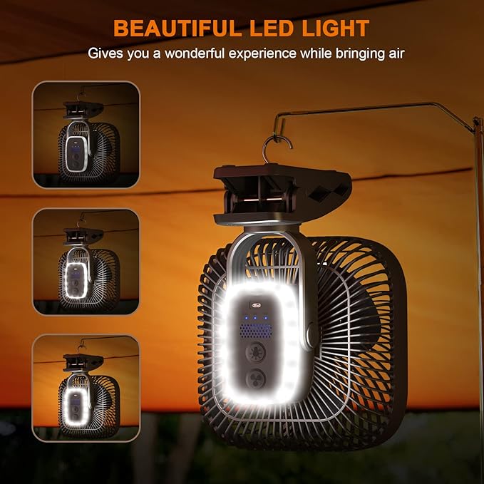 Rechargeable Portable Fan with Light, 8-inch Battery Operated Clip on, 20000mAh 78 Hours Work Time, Quiet, Strong Airflow USB, 4 Speeds Personal, Ideal for Outdoor Camping Hurricane