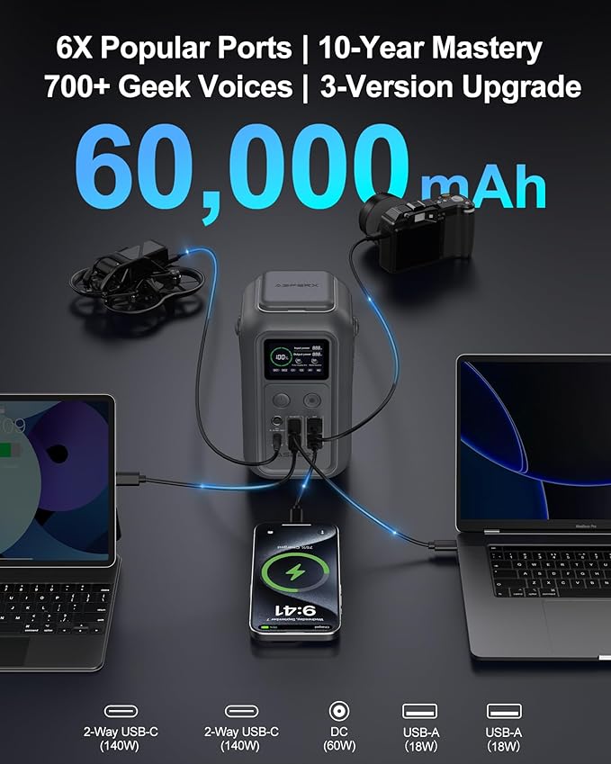 AsperX Portable Power Station (60,000mAh), Dual 140W Fast Charging (Total 200W), LiFePO4 Battery, 192Wh Power Bank Station, Generator for Home Use, Home Backup for Travel, Camping, Emergency (Gray)