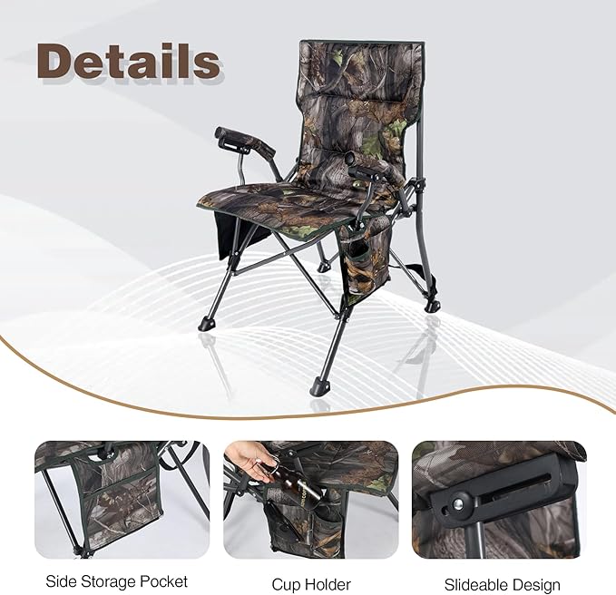 REDCAMP Oversized Hunting Chairs for Blinds with Thickened Cotton, Portable Folding Camo Padded Camping Chairs for Adults Hunting Seats with Hard Arms for Outside Outdoor, Camouflage