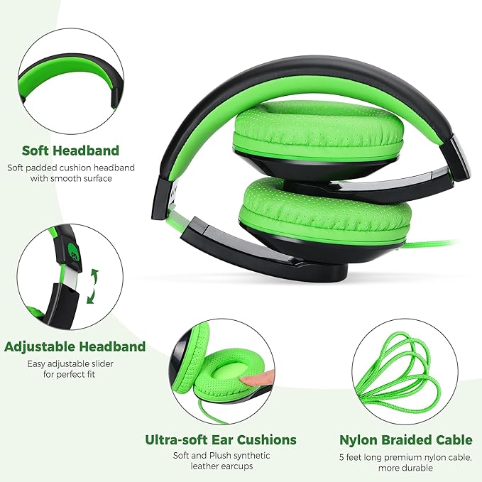 rockpapa Comfort Kids Headphones for School, Lightweight Foldable Portable Childs Boys Girls Teens Headphones Wired 3.5mm with 4.9ft Cord for Travel Airplane Tablet Phone Laptop Black/Green+Black/Red