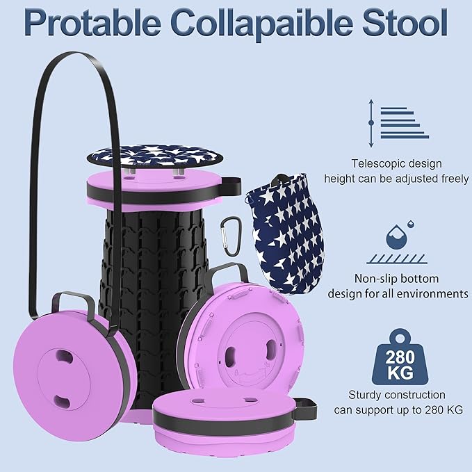 ALEVMOOM 2025 Upgraded 18.1" Collapsible Stool with Cushion & Carry Bag, 600lbs Max Weight Portable Telescoping Stool, More Sturdy Lightweight Retractable Seat Folding Chair for Camping & Outdoors