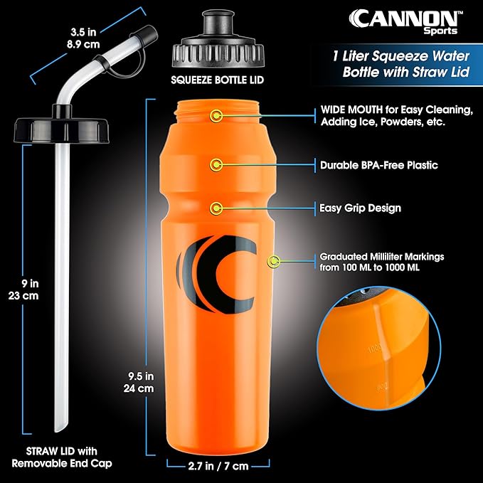 Cannon Sports 1 Liter Sports Water Bottle, BPA-Free, 34 Oz Capacity, Large Mouth, 2 lids (Straw and Squeeze), Great For Helmet Sports Such As Hockey, Lacrosse, Football, Boxing (6 Pack) (Orange)
