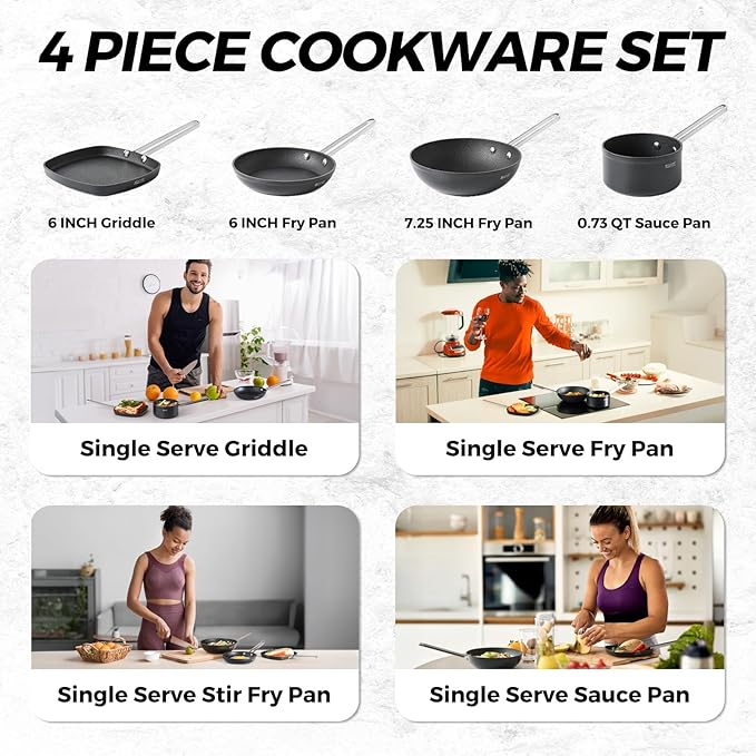 THE ROCK Single Serve Nonstick Pots and Pans Set, 4pc Portion Control Cookware Set with Rock.Tec, Scratch/Stain/Crack Proof, Oven & Dishwasher Safe, Perfect for Dorm, Camping & Small Kitchens, Black
