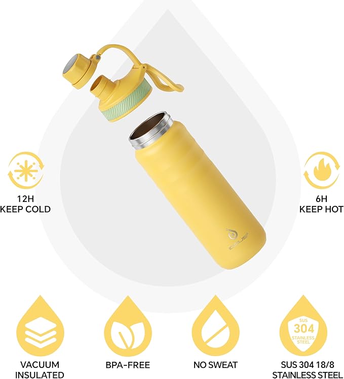 IDEUS Insulated Stainless Steel Water Bottle with 2 Leak-Proof Lids, Thermal Water Flask for Hiking Biking, 24oz, Bright Yellow