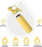 IDEUS Insulated Stainless Steel Water Bottle with 2 Leak-Proof Lids, Thermal Water Flask for Hiking Biking, 24oz, Bright Yellow