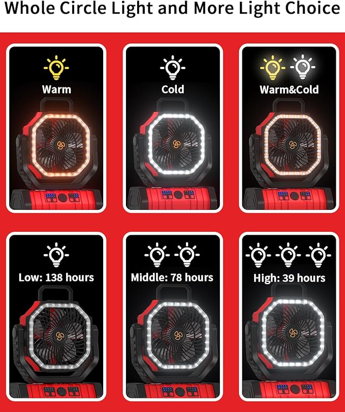 ADUST Camping Portable Battery Operated Powered Fan with LED Lantern Light 20000mAh Rechargeable, Oscillating Fan with 360° Rotation Hanging Hook for Tents, Cordless USB Desk Fan(Red)