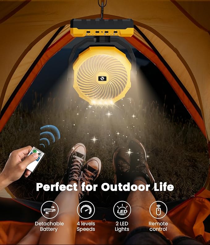 24000mAh Detachable Battery Camping Fan - 3-in-1 Portable Camping Fans with LED & Remote - 4 Speeds Battery Operated Outdoor Fan for Tent,Office,Jobsite,Workshop,Travel